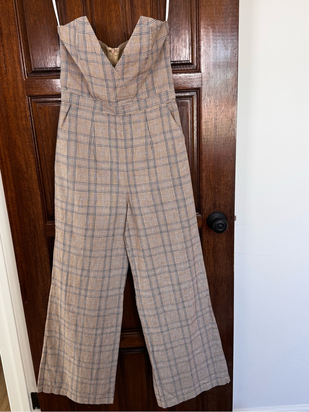 Lovers + Friends Beige Plaid Strapless Wide-Leg Jumpsuit